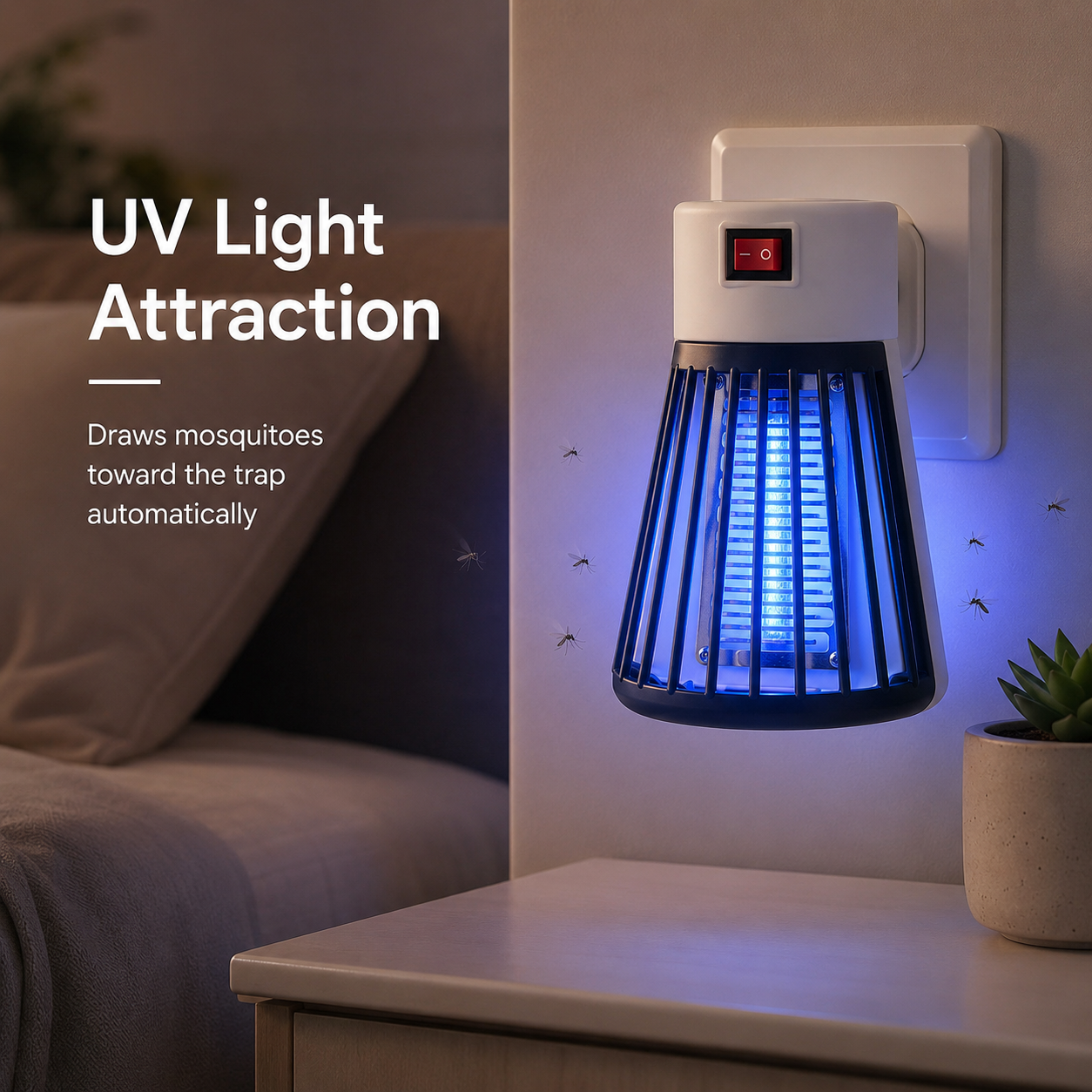 Mini UV Mosquito Killer Lamp plugged into wall socket beside bed using UV light attraction to draw mosquitoes in a modern bedroom