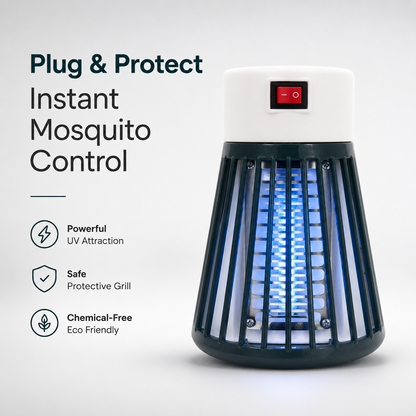 Mini UV Mosquito Killer Lamp feature infographic highlighting UV attraction, protective grill, chemical-free operation, and instant mosquito control