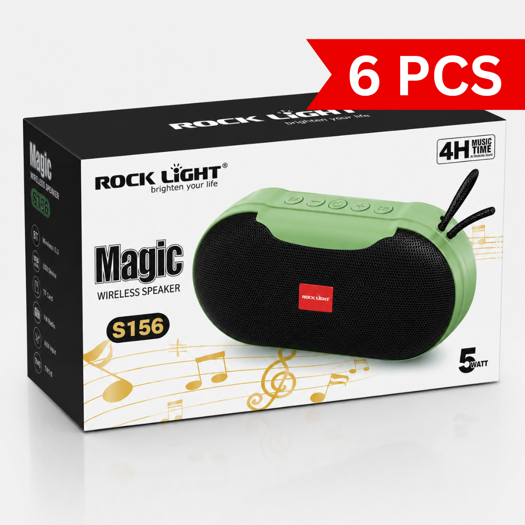 Rock Light Magic S156 portable Bluetooth wireless speaker retail box in green color, featuring a 5W speaker image, 4-hour music time indication, wireless connectivity, and compact portable design on premium product packaging.