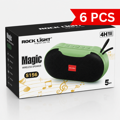 Rock Light Magic S156 portable Bluetooth wireless speaker retail box in green color, featuring a 5W speaker image, 4-hour music time indication, wireless connectivity, and compact portable design on premium product packaging.