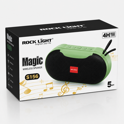 Rock Light Magic S156 portable Bluetooth wireless speaker retail box in green color, featuring a 5W speaker image, 4-hour music time indication, wireless connectivity, and compact portable design on premium product packaging.