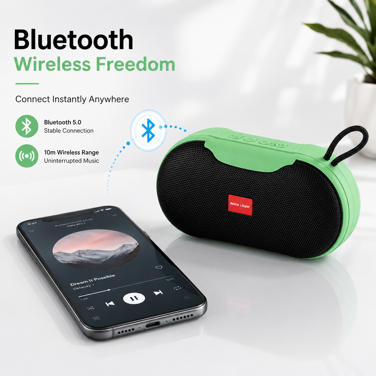 Rock Light Magic S156 Bluetooth wireless speaker connected to a smartphone, highlighting Bluetooth 5.0 connectivity, 10-meter wireless range, and cable-free music streaming.
