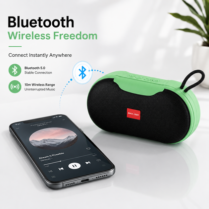 Rock Light Magic S156 Bluetooth wireless speaker connected to a smartphone, highlighting Bluetooth 5.0 connectivity, 10-meter wireless range, and cable-free music streaming.