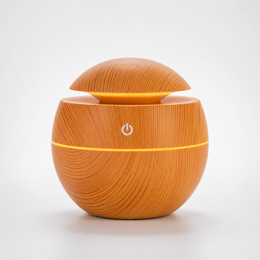 Wood grain Mini Aroma Humidifier with LED ambient light and ultrasonic mist technology for bedroom, office desk, and living room.