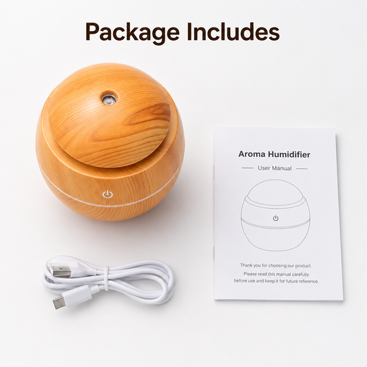 Mini Wooden Aroma Humidifier with LED, USB charging cable, and user manual displayed on a clean background, complete aroma humidifier package contents.