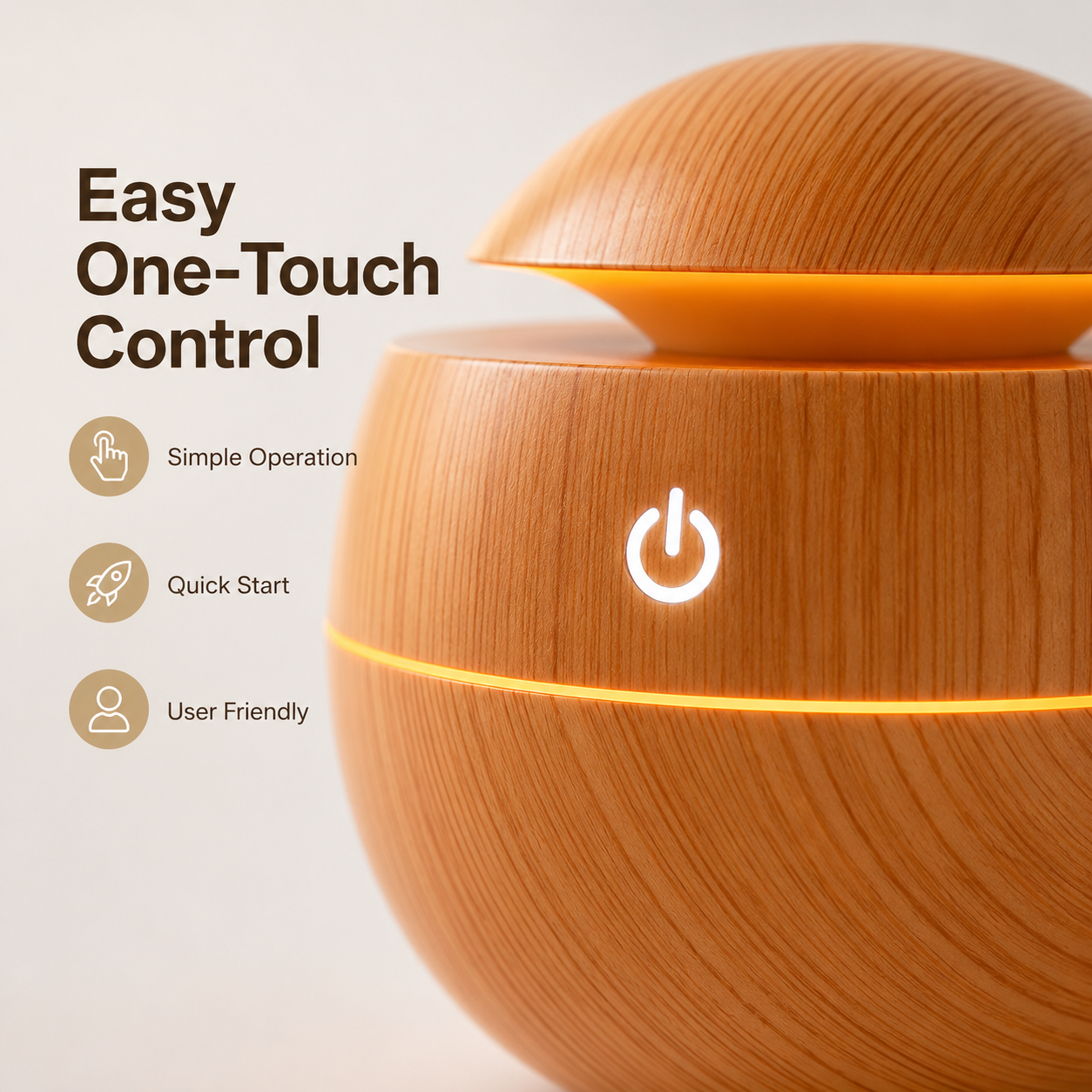 Close-up of Mini Wooden Aroma Humidifier with LED showing illuminated one-touch power button, user-friendly ultrasonic diffuser with wood grain design and ambient lighting.