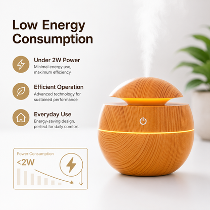 Mini Wooden Aroma Humidifier with LED light operating on a desk, low energy consumption under 2W power, USB-powered ultrasonic mist humidifier with wood grain finish for home and office use.