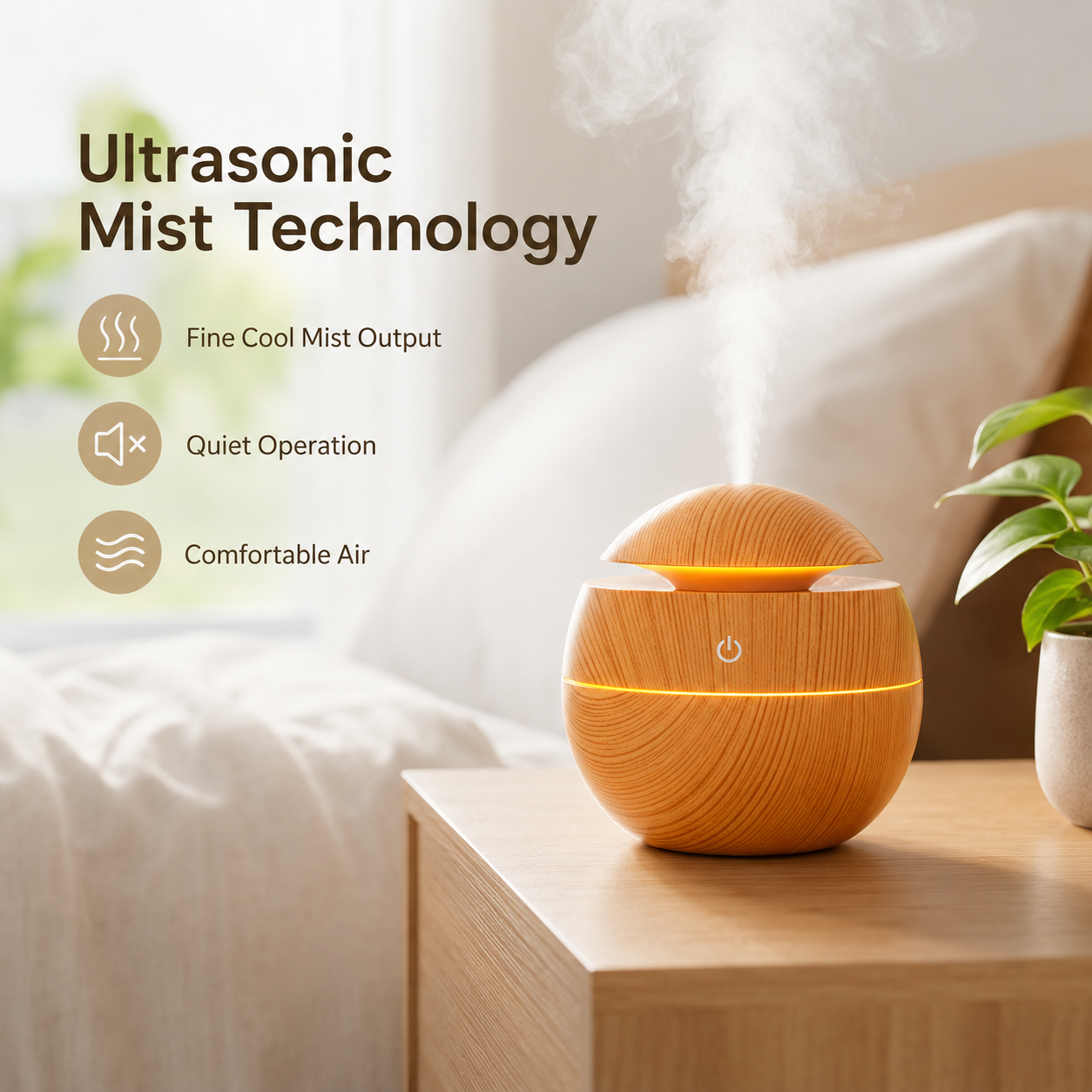 Mini Wooden Aroma Humidifier with LED releasing fine ultrasonic mist on a bedside table, wood grain aroma diffuser with soft ambient light for bedroom and home comfort.