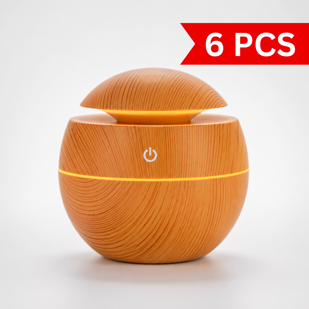 Wood grain Mini Aroma Humidifier with LED ambient light and ultrasonic mist technology for bedroom, office desk, and living room.