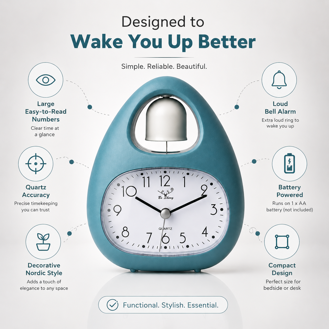 Single bell analog alarm clock with large easy-to-read numbers, quartz accuracy, loud bell alarm, battery-powered operation, compact Nordic-inspired design in teal blue.