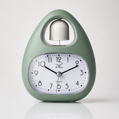 Sage green single bell analog alarm clock with large white dial, black numerals, quartz movement, and compact bedside table design.