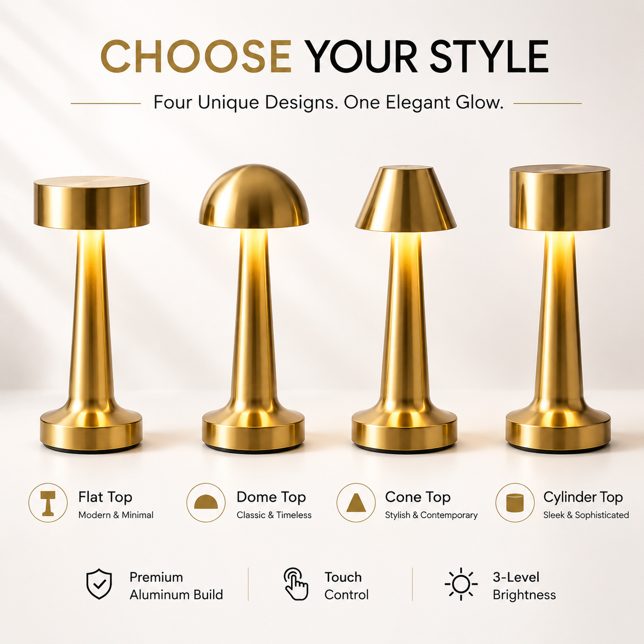 Four stylish LED desk lamp designs featuring flat top, dome top, cone top and cylinder top shades