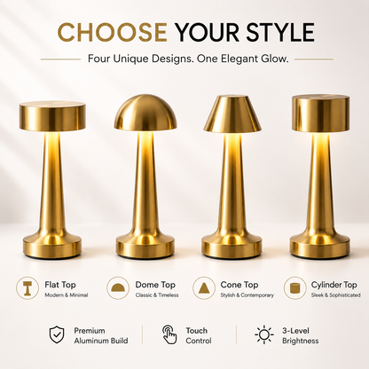 Four stylish LED desk lamp designs featuring flat top, dome top, cone top and cylinder top shades