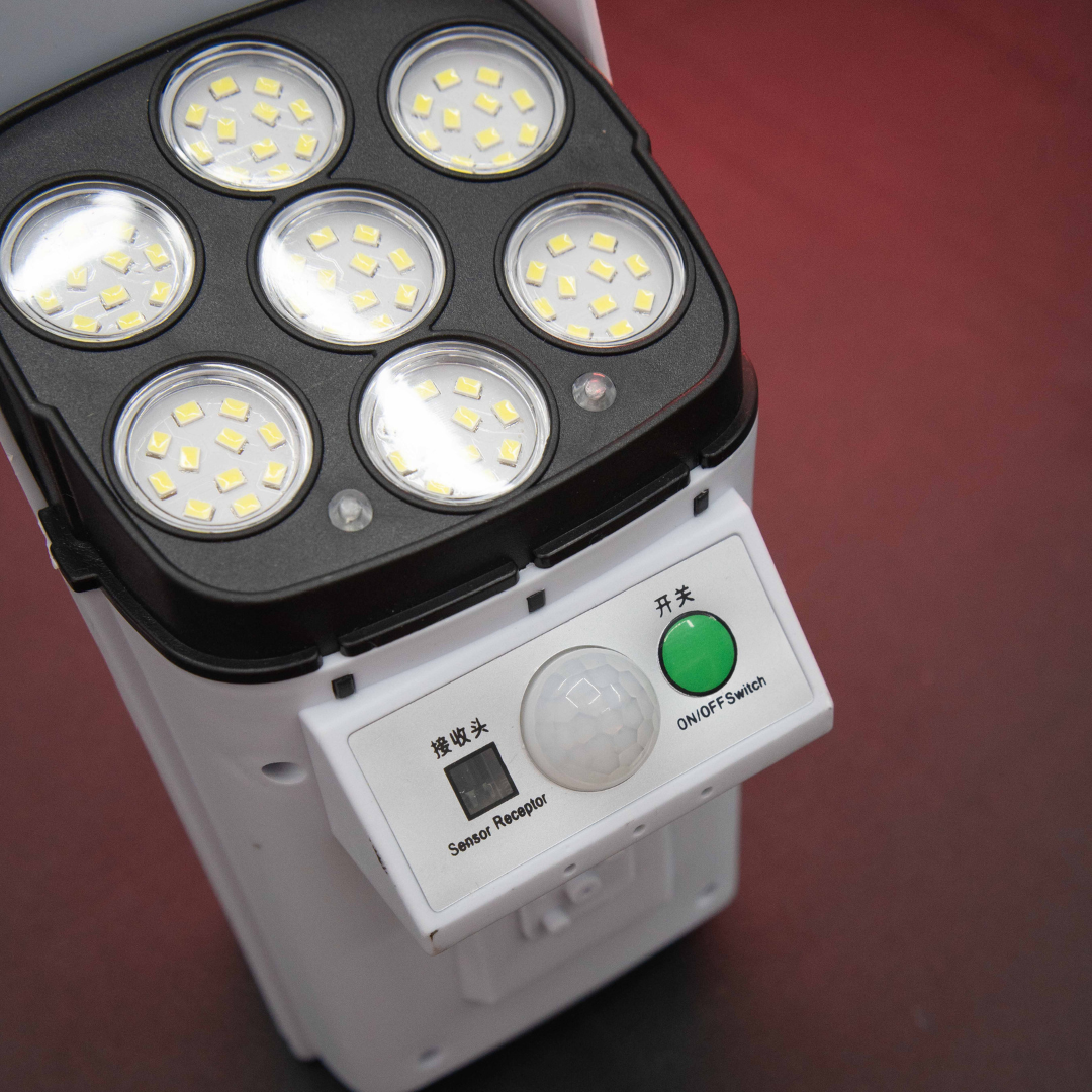 Close-up macro view of Motion Detection LED Solar Light showing PIR motion sensor LED array and ON OFF control switch