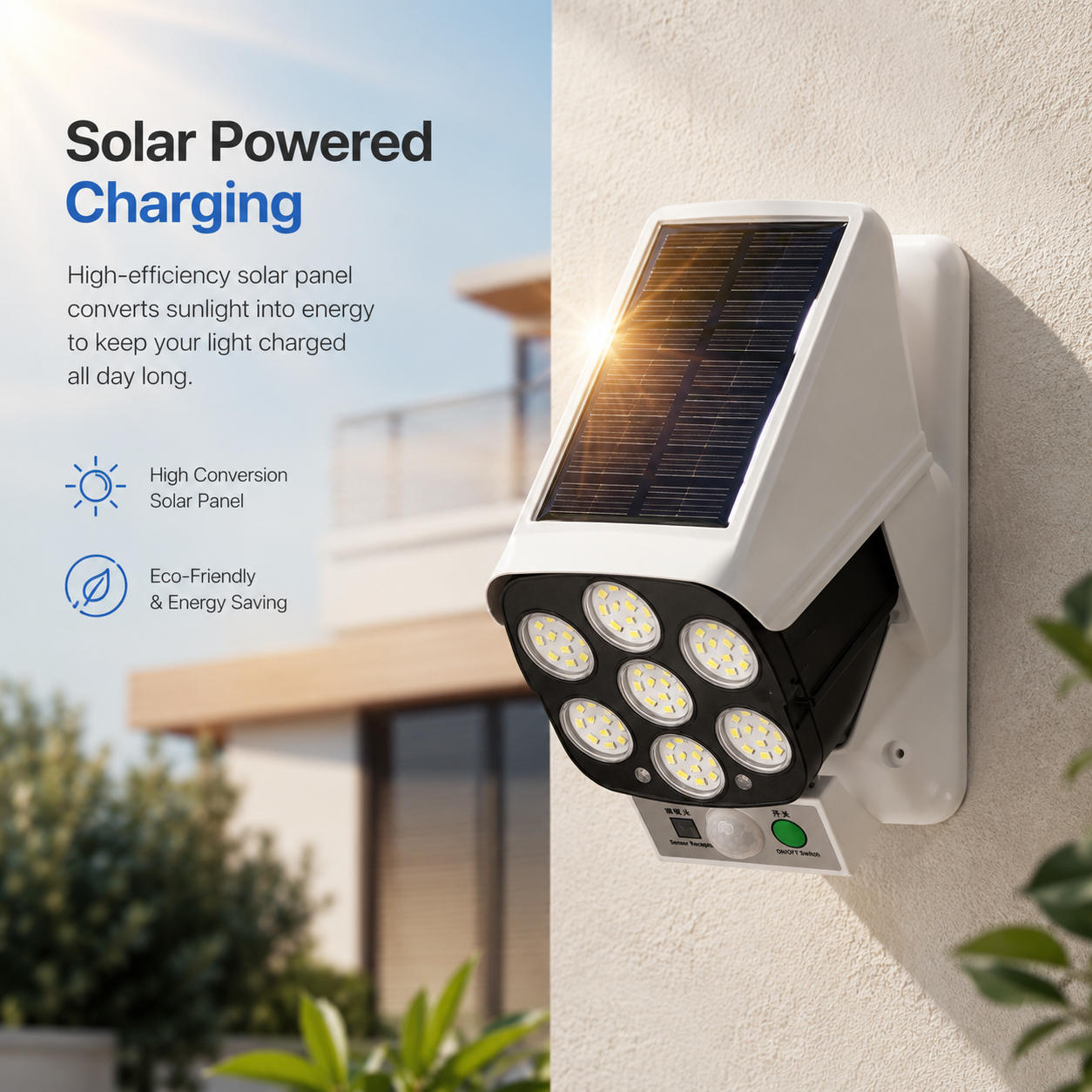Waterproof motion detection solar wall light with high efficiency solar panel and automatic night illumination