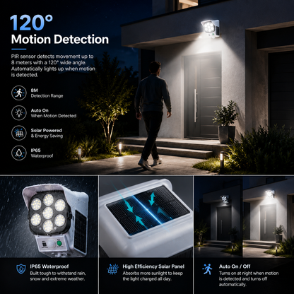 Solar powered motion sensor LED security light installed on modern house exterior for pathway and entrance lighting