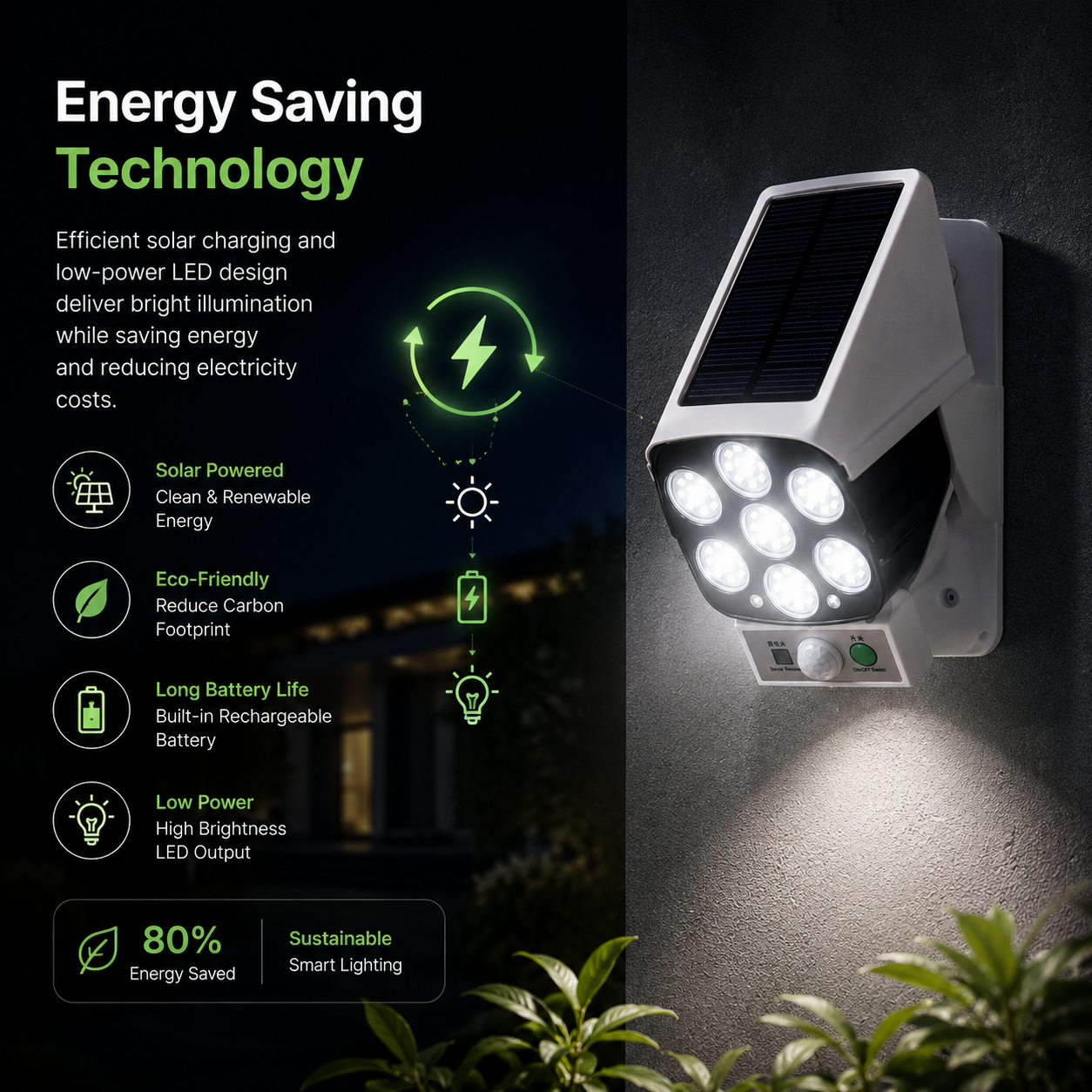 Motion Detection LED Solar Light mounted outdoors with energy saving solar charging technology and bright waterproof LED illumination