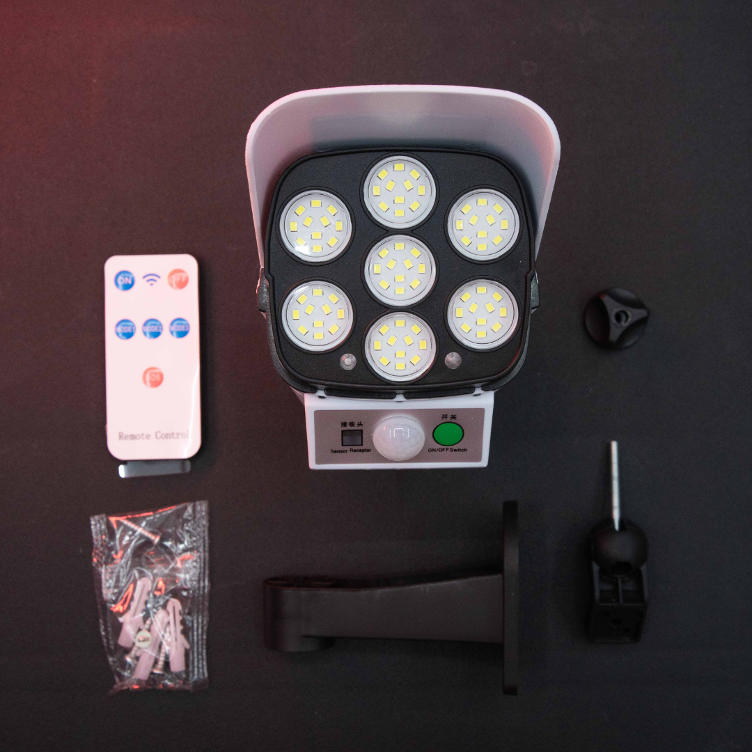 Motion Detection LED Solar Light product kit with remote control wall mount bracket screws and installation accessories