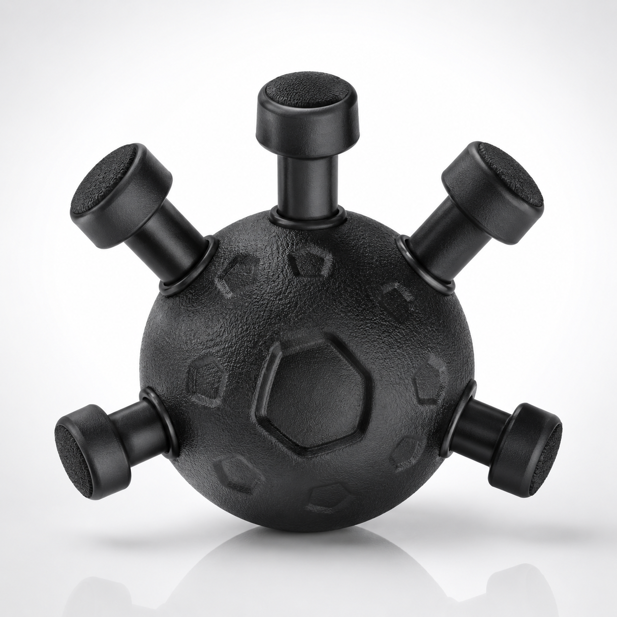 Black Eagle Claw hand grip exerciser featuring a textured spherical body with five independent spring-loaded finger resistance buttons for finger, wrist and forearm strength training