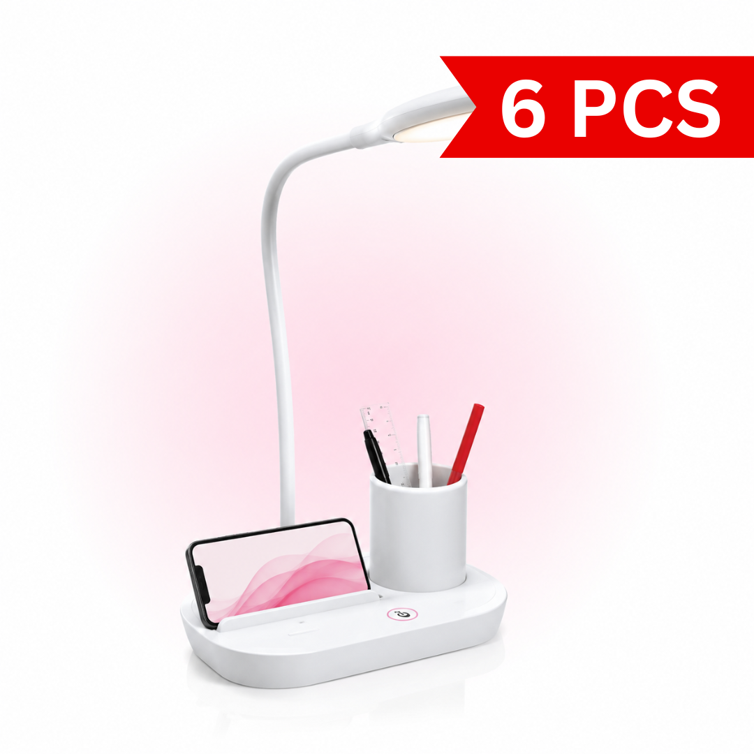 Minimal white LED table lamp with flexible gooseneck, pen holder, phone stand, touch control, and rechargeable battery