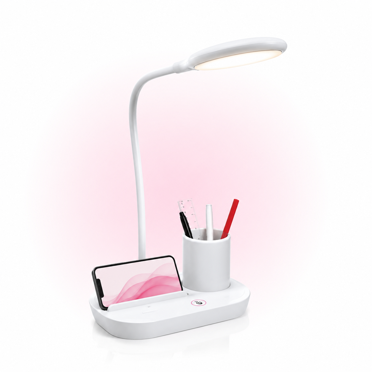 Minimal white LED table lamp with flexible gooseneck, pen holder, phone stand, touch control, and rechargeable battery
