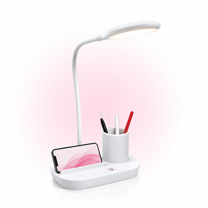 Minimal white LED table lamp with flexible gooseneck, pen holder, phone stand, touch control, and rechargeable battery