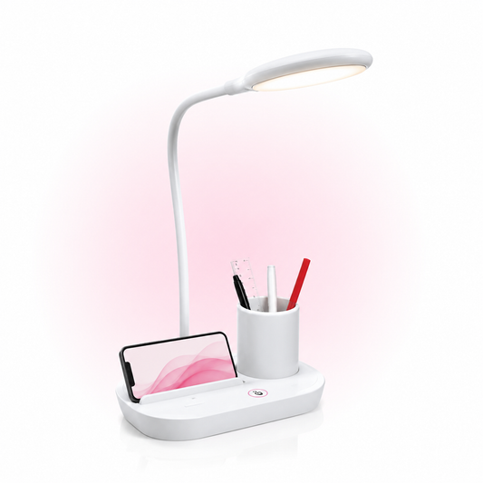 Minimal white LED table lamp with flexible gooseneck, pen holder, phone stand, touch control, and rechargeable battery