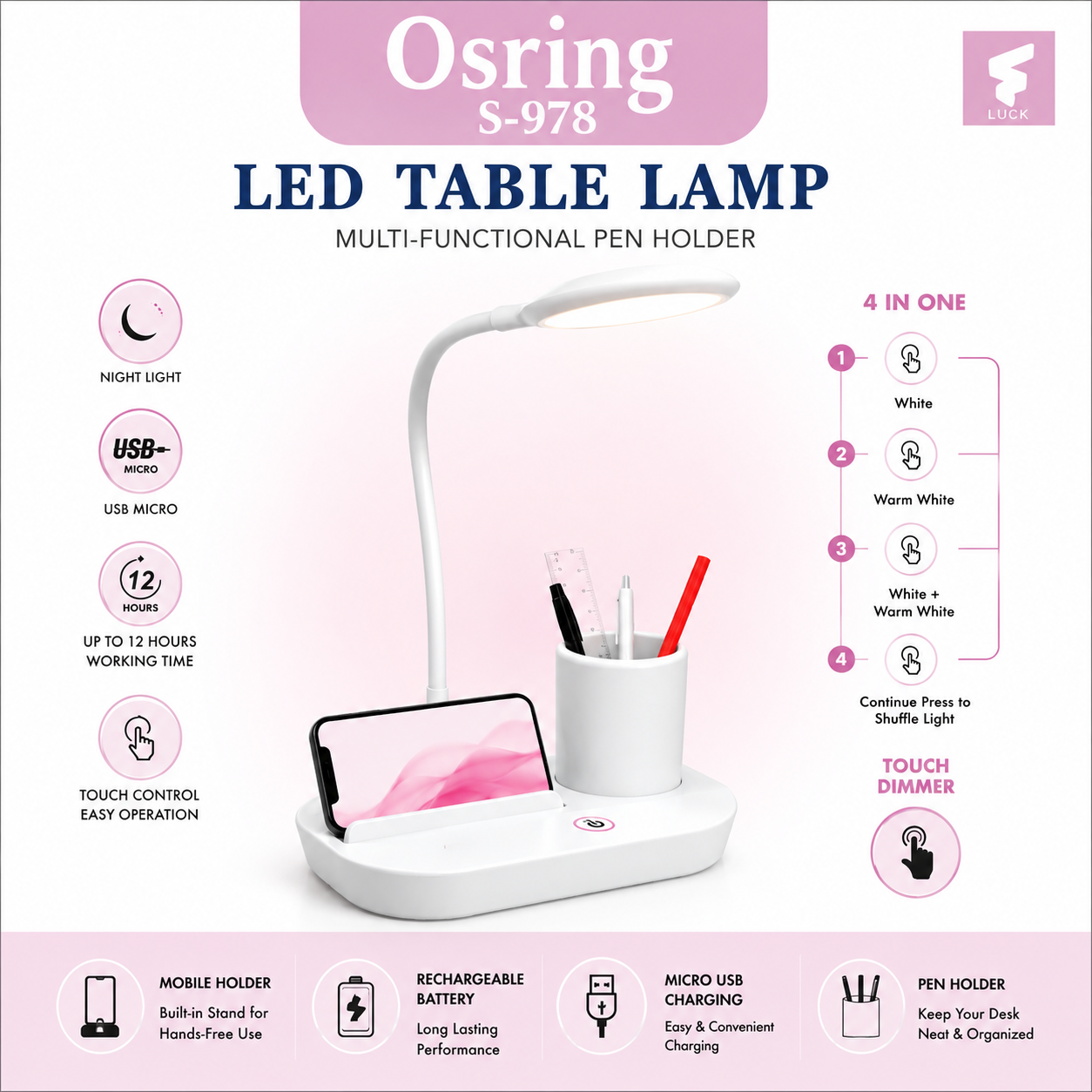Rechargeable white LED table lamp with built-in pen holder and mobile stand, featuring touch dimmer control, 4 lighting modes, Micro USB charging, and up to 12 hours battery backup.
