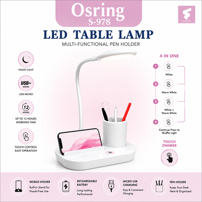 Rechargeable white LED table lamp with built-in pen holder and mobile stand, featuring touch dimmer control, 4 lighting modes, Micro USB charging, and up to 12 hours battery backup.