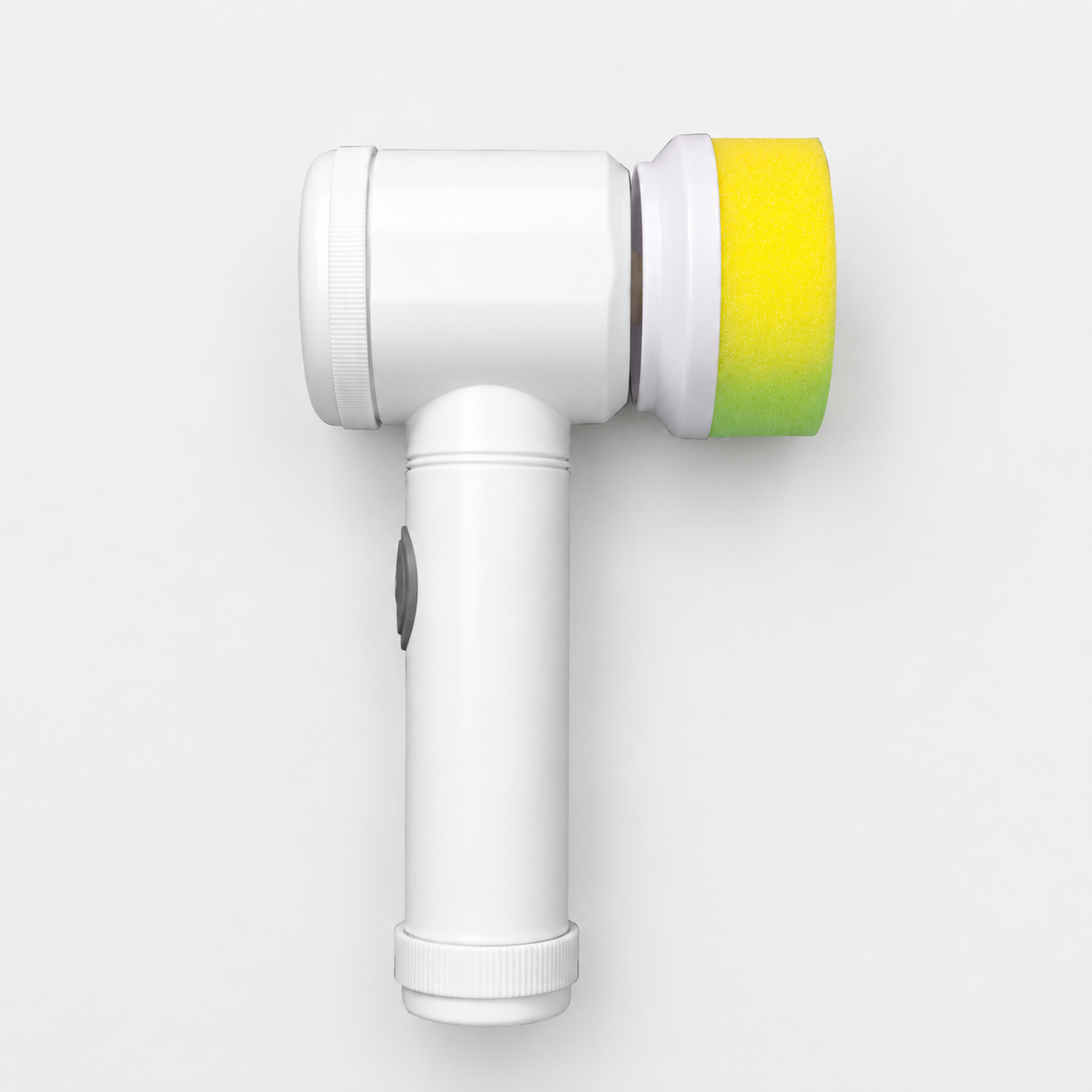 Multi-Head Electric Cleaning Brush with yellow sponge pad attachment, cordless handheld power scrubber for bathroom tiles, kitchen sinks, grout and household cleaning, white background.