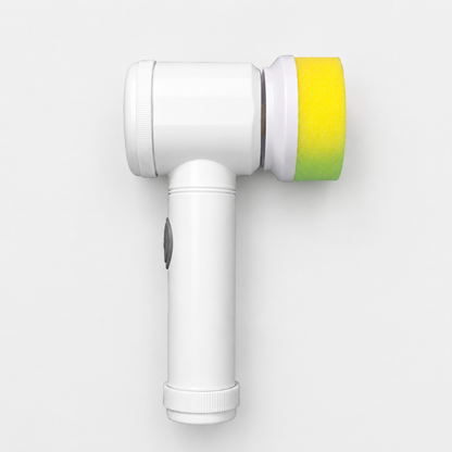 Multi-Head Electric Cleaning Brush with yellow sponge pad attachment, cordless handheld power scrubber for bathroom tiles, kitchen sinks, grout and household cleaning, white background.