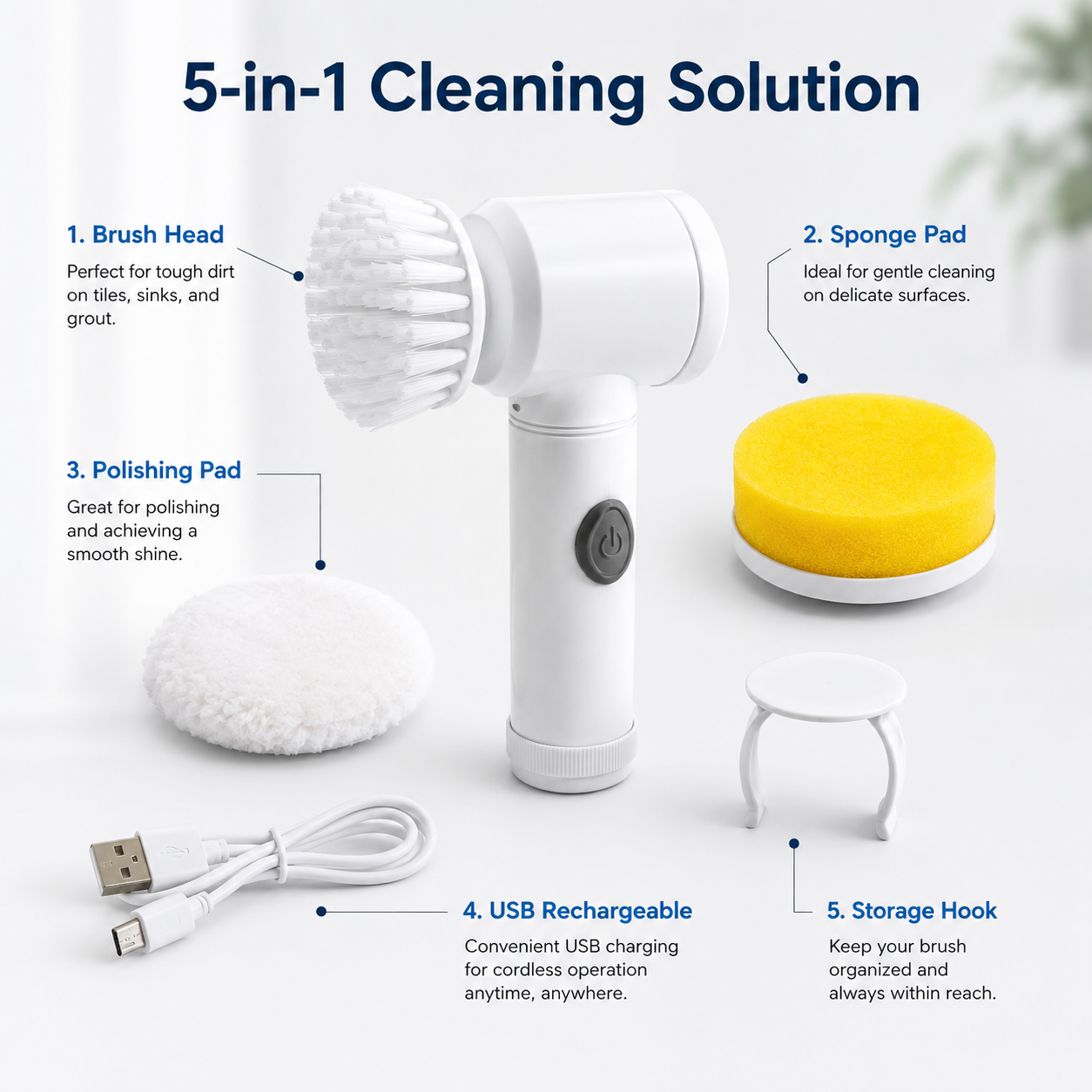 5-in-1 Multi-Head Electric Cleaning Brush featuring brush head, sponge pad, polishing pad, USB rechargeable design and storage hook for versatile household cleaning.