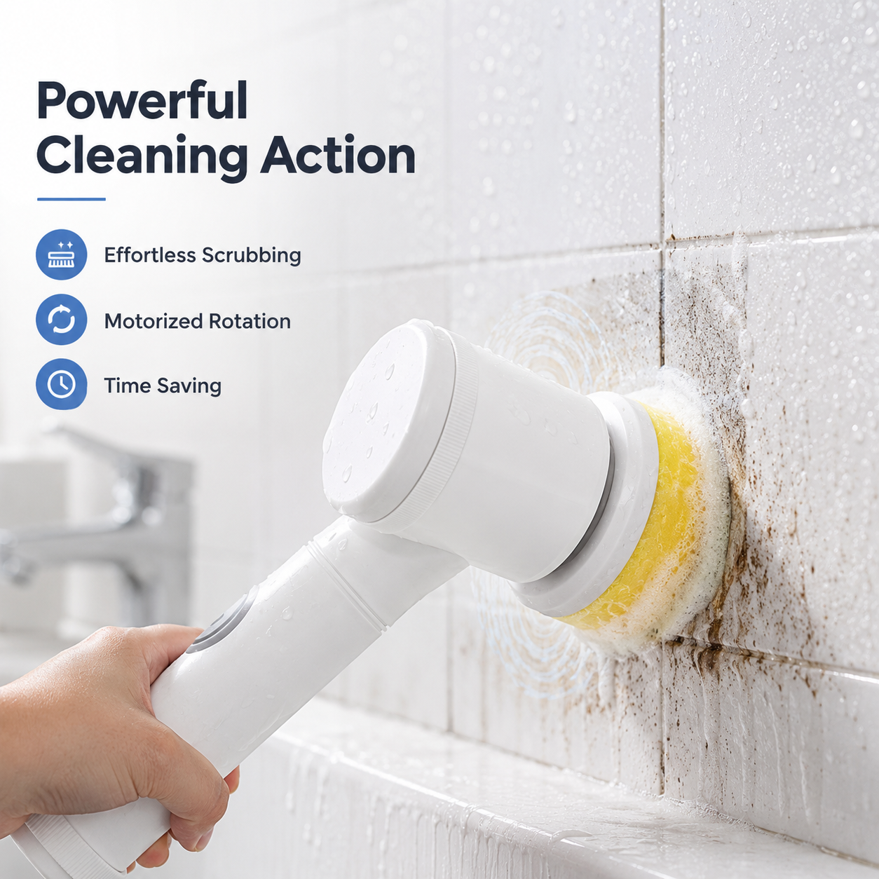 Multi-Head Electric Cleaning Brush scrubbing dirty bathroom wall tiles with rotating sponge pad, cordless motorized cleaning tool removing grime and soap scum effectively.