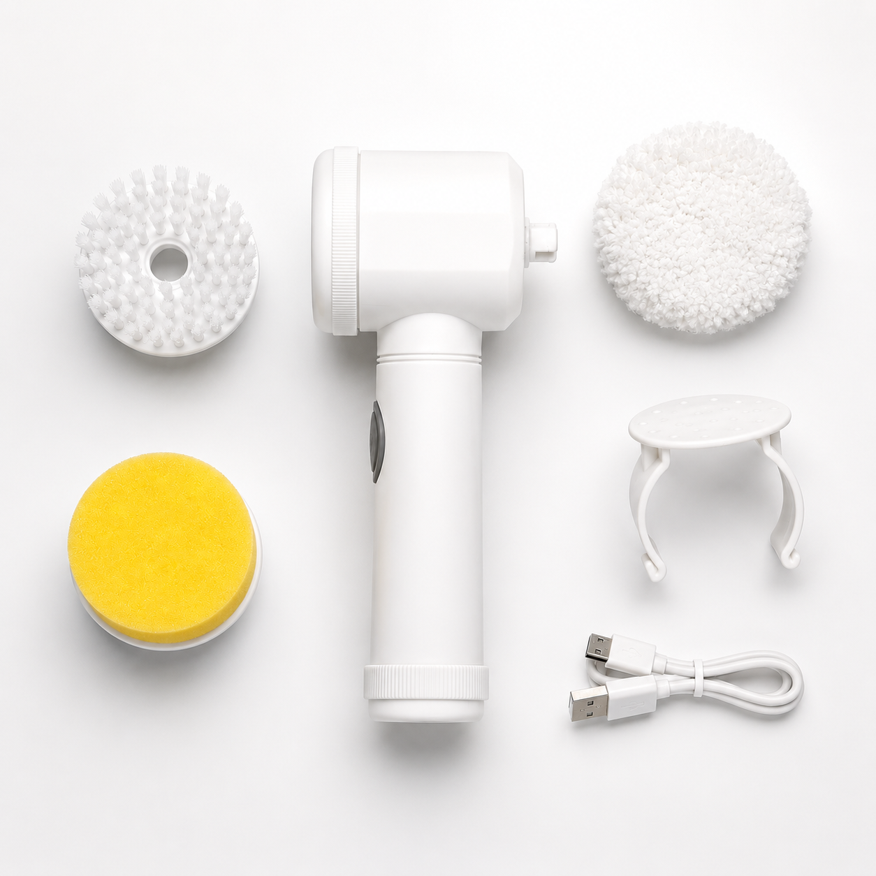 Multi-Head Electric Cleaning Brush set including brush head, sponge pad, polishing pad, USB charging cable and storage hook, complete rechargeable cleaning kit.