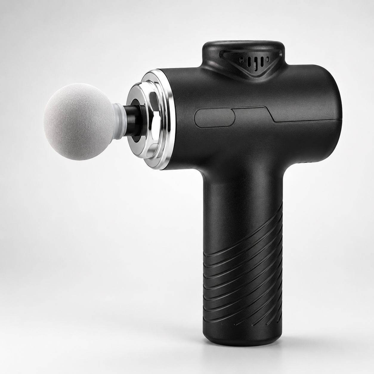 Portable Multi-Head Percussion Massage Gun with round massage head attachment, ergonomic handle, deep tissue muscle massage device on white background.