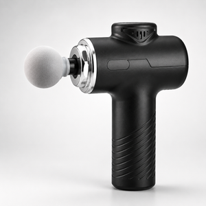 Portable Multi-Head Percussion Massage Gun with round massage head attachment, ergonomic handle, deep tissue muscle massage device on white background.