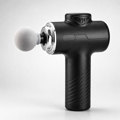 Portable Multi-Head Percussion Massage Gun with round massage head attachment, ergonomic handle, deep tissue muscle massage device on white background.