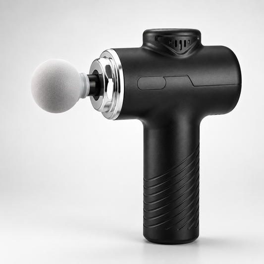 Portable Multi-Head Percussion Massage Gun with round massage head attachment, ergonomic handle, deep tissue muscle massage device on white background.