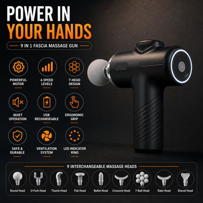 Multi-Head Percussion Massage Gun with 9 interchangeable massage heads, 6 speed levels, USB rechargeable design, ergonomic grip and deep tissue muscle recovery features.