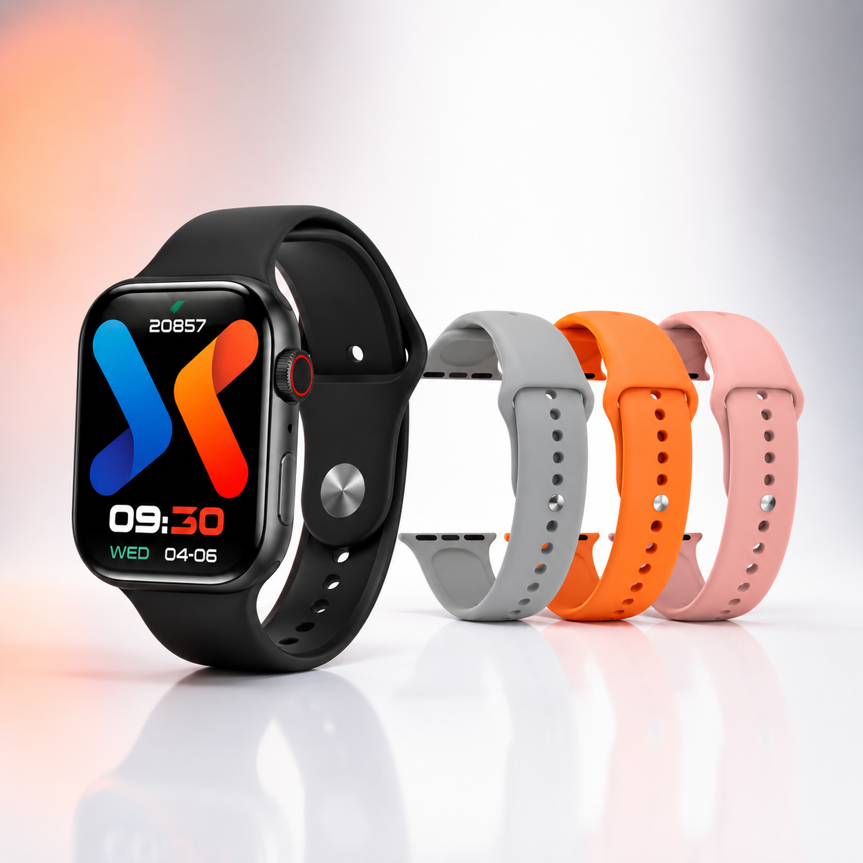 Bluetooth calling smartwatch with a black silicone strap displayed alongside three interchangeable silicone watch bands in grey, orange and pink, offering customizable everyday style.