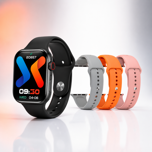 Bluetooth calling smartwatch with a black silicone strap displayed alongside three interchangeable silicone watch bands in grey, orange and pink, offering customizable everyday style.