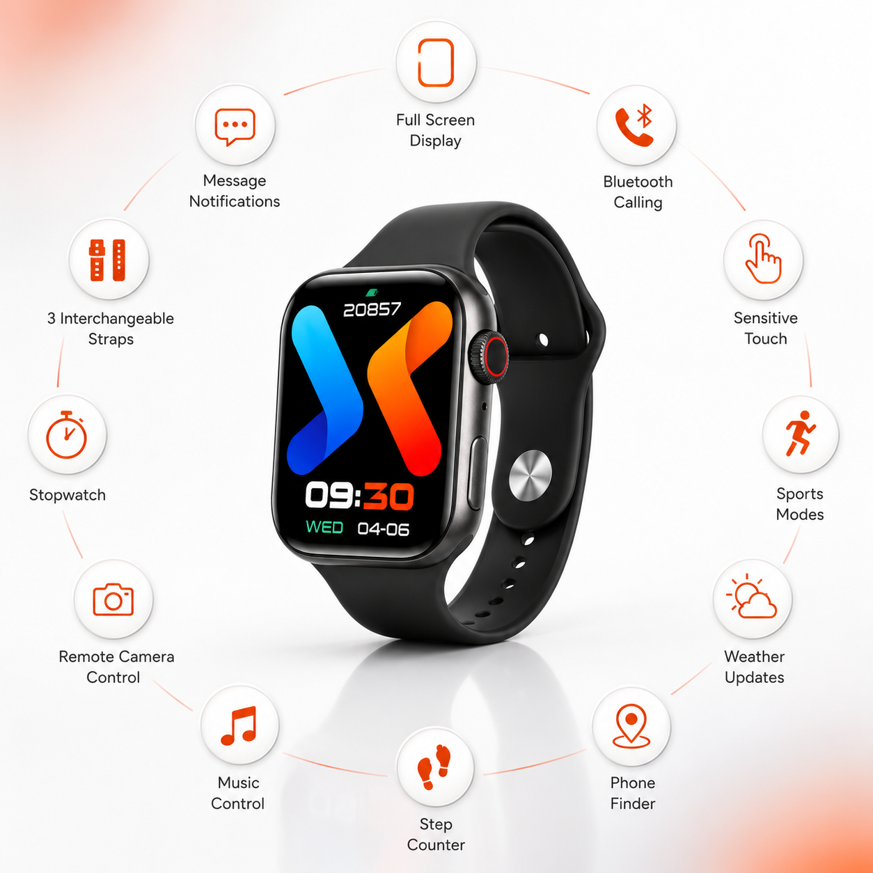 screen Bluetooth calling smartwatch with a black silicone strap, surrounded by feature icons highlighting message notifications, Bluetooth calling, sports modes, weather updates, phone finder, step counter, music control, remote camera control, stopwatch and three interchangeable straps.