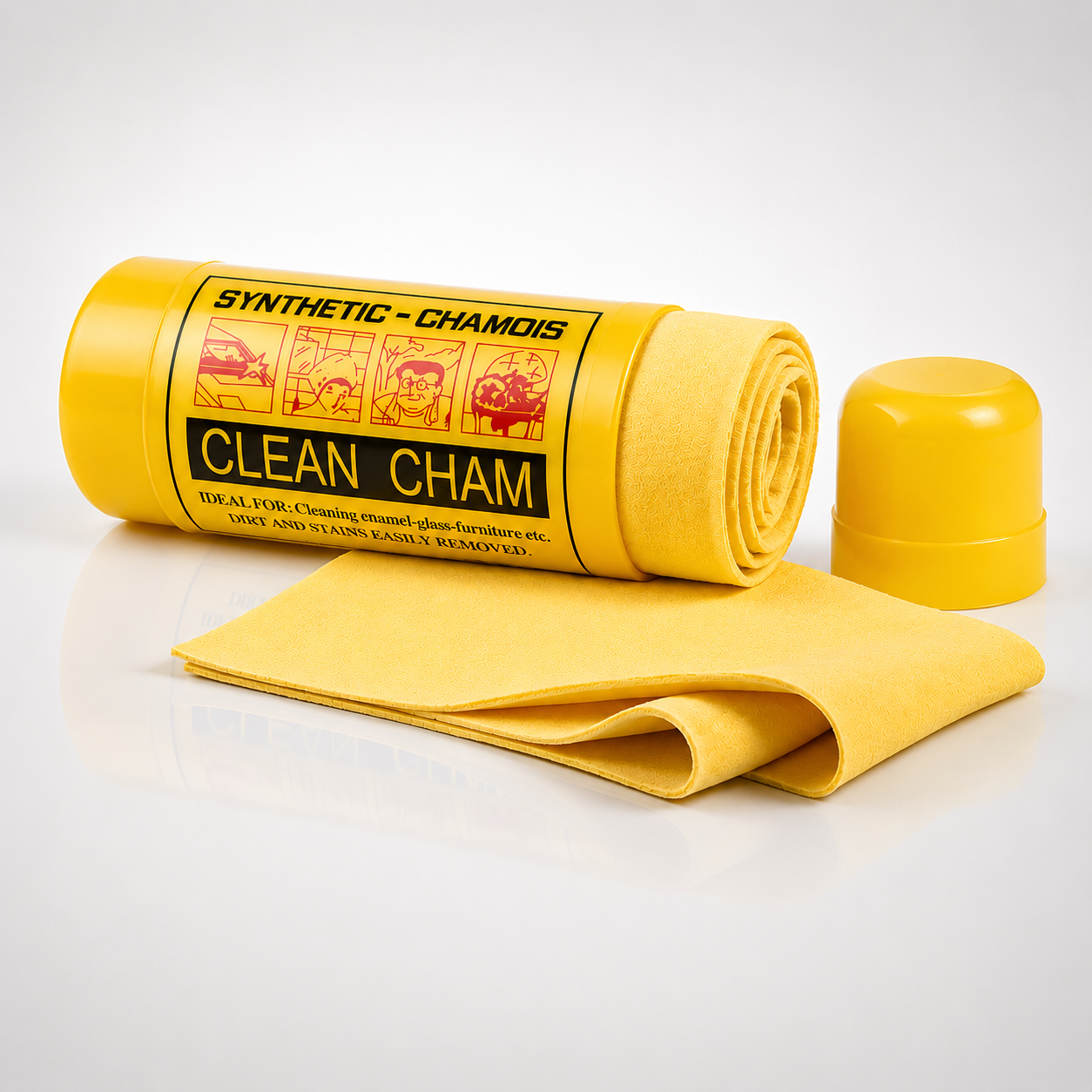 Synthetic chamois cleaning cloth with yellow storage tube, reusable car drying towel for glass, furniture and vehicle detailing