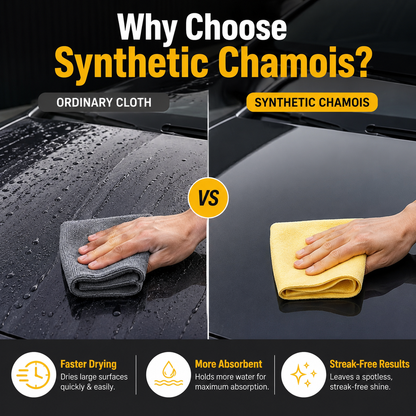 Synthetic chamois cloth vs ordinary cleaning cloth comparison on car surface, faster drying, higher absorbency and streak-free car detailing results