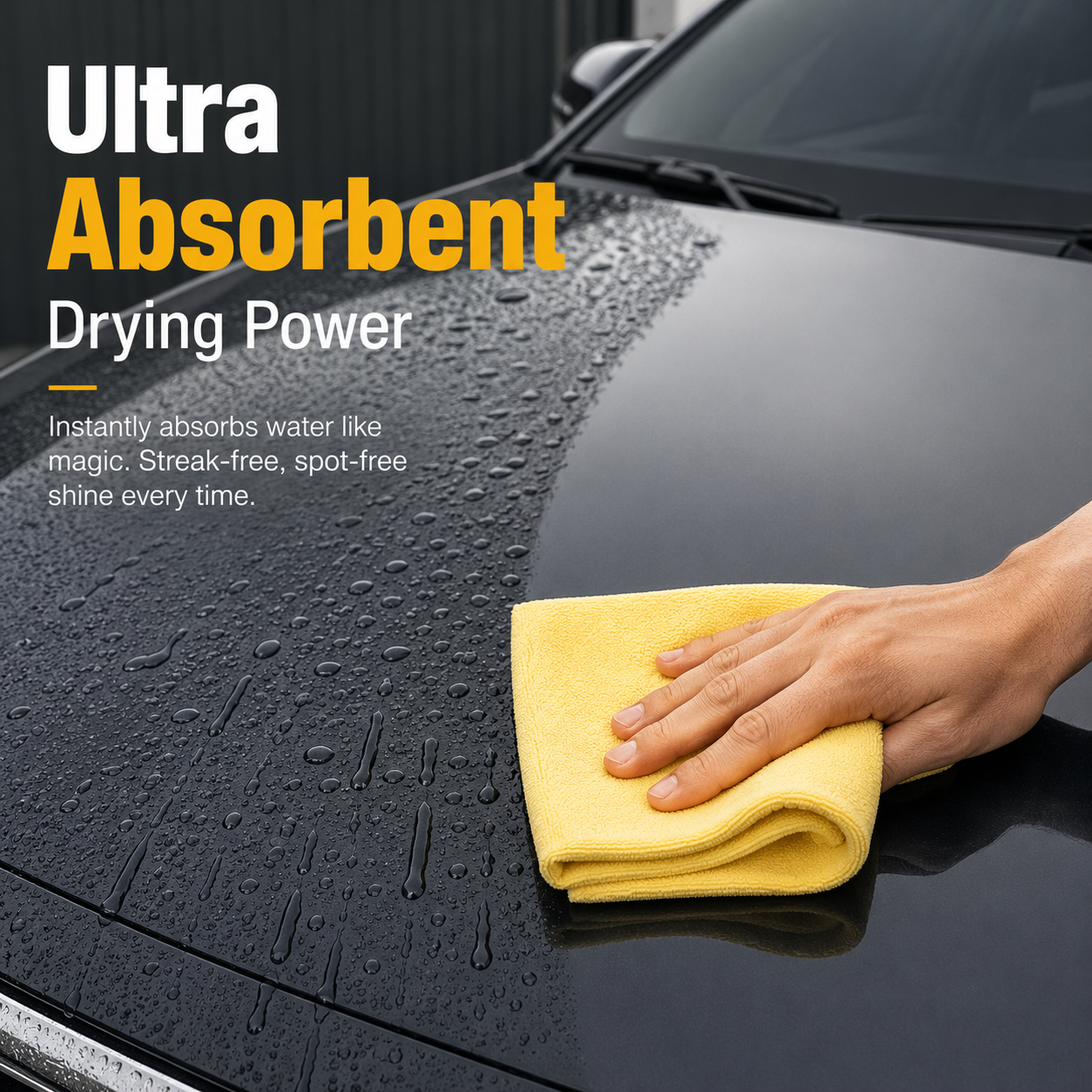 Ultra absorbent synthetic chamois cloth removing water from car hood, streak-free drying towel for automotive detailing and cleaning