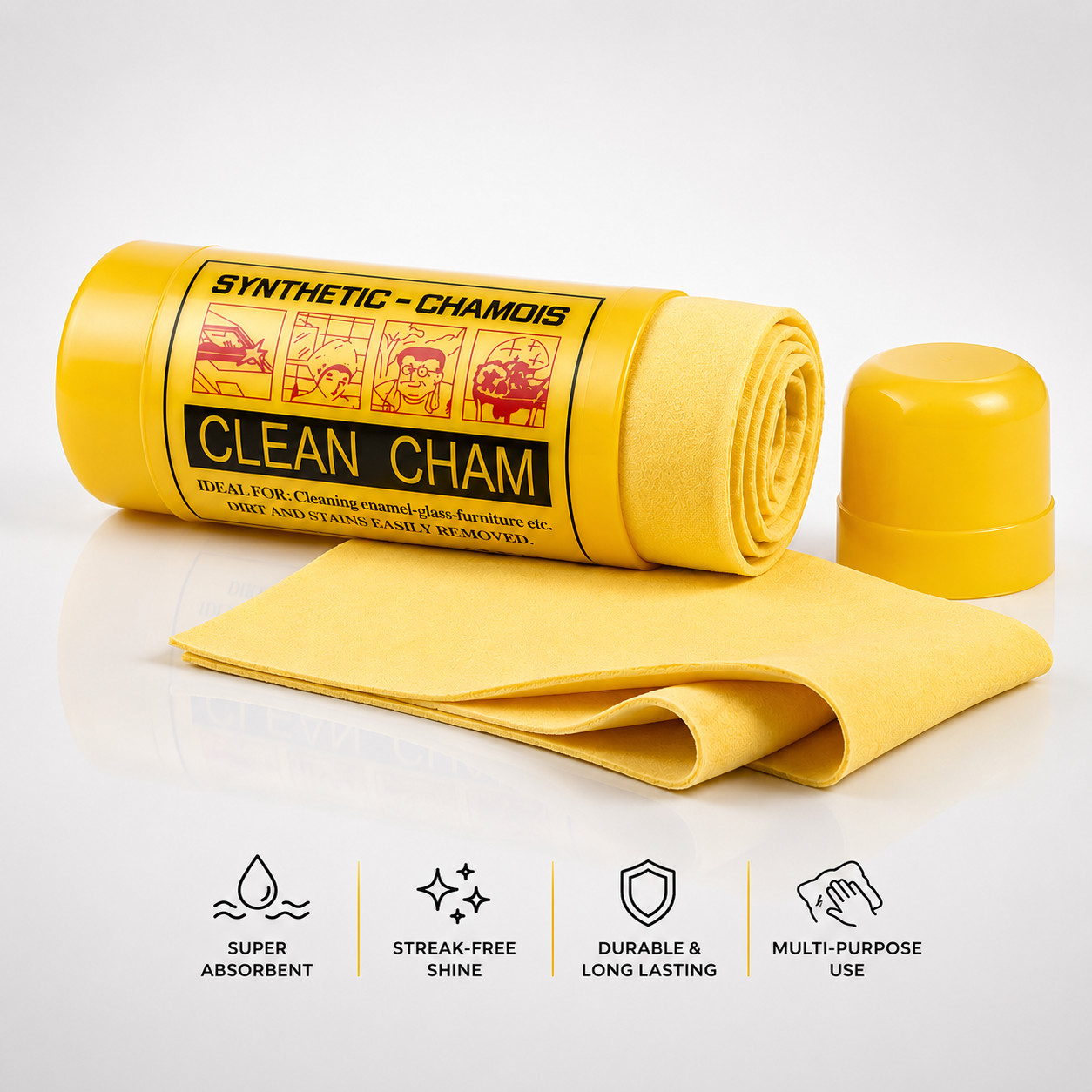 Premium synthetic chamois cleaning cloth with storage case, super absorbent reusable drying towel for cars, glass and household surfaces