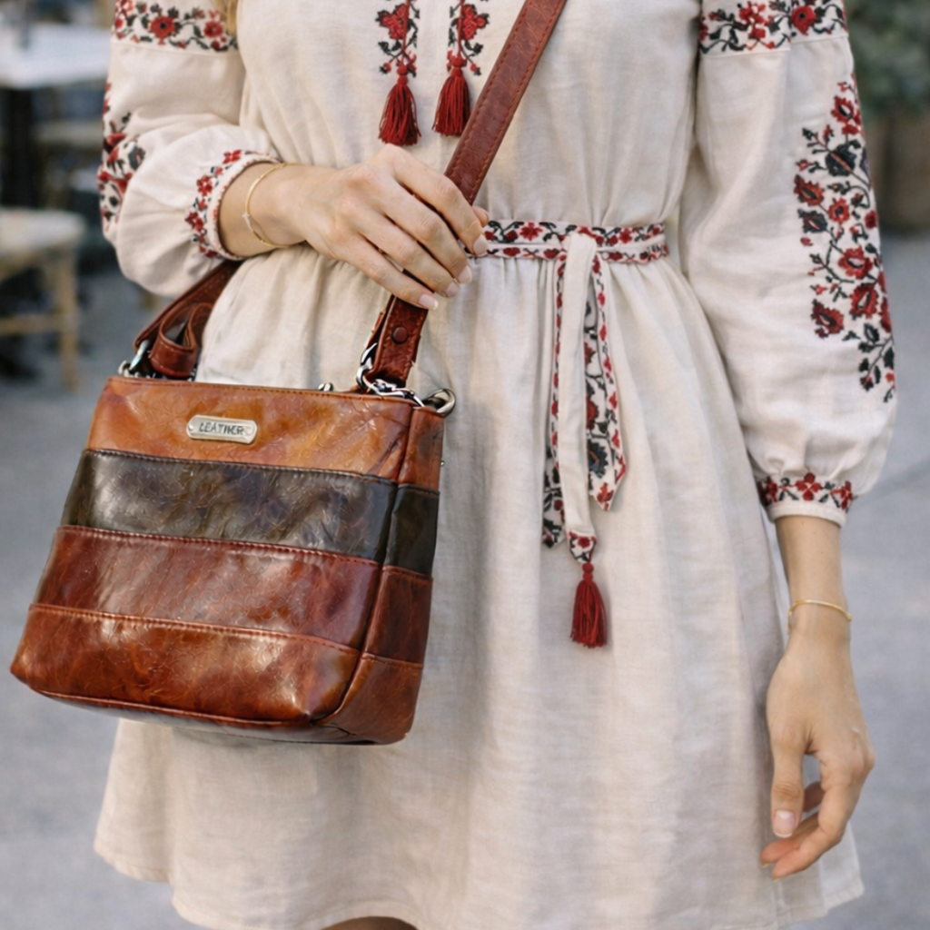 Vintage multi-tone brown leather crossbody bag worn crossbody with casual outfit.