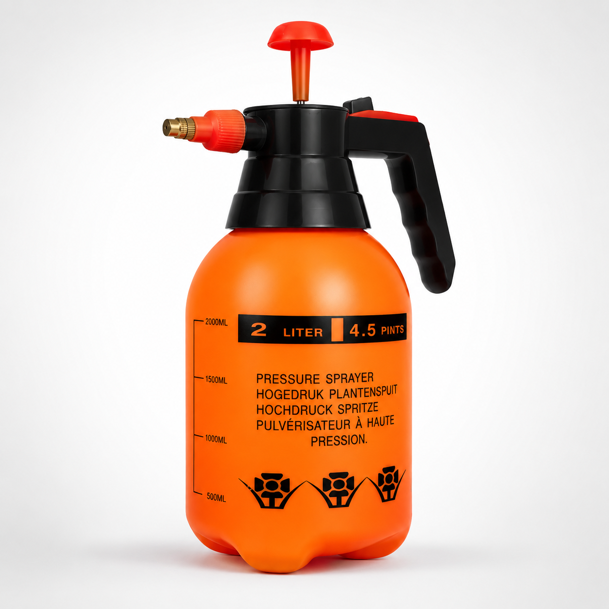 Multi-Use 2L Hand Pump Sprayer featuring a large capacity tank, ergonomic handle, pressure pump mechanism, and adjustable brass nozzle.