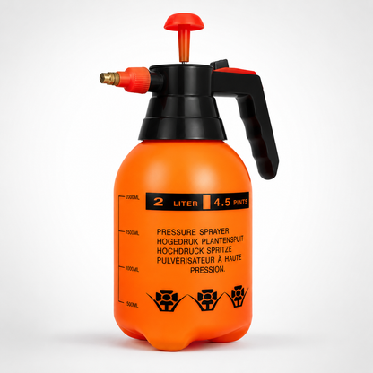 Multi-Use 2L Hand Pump Sprayer featuring a large capacity tank, ergonomic handle, pressure pump mechanism, and adjustable brass nozzle.