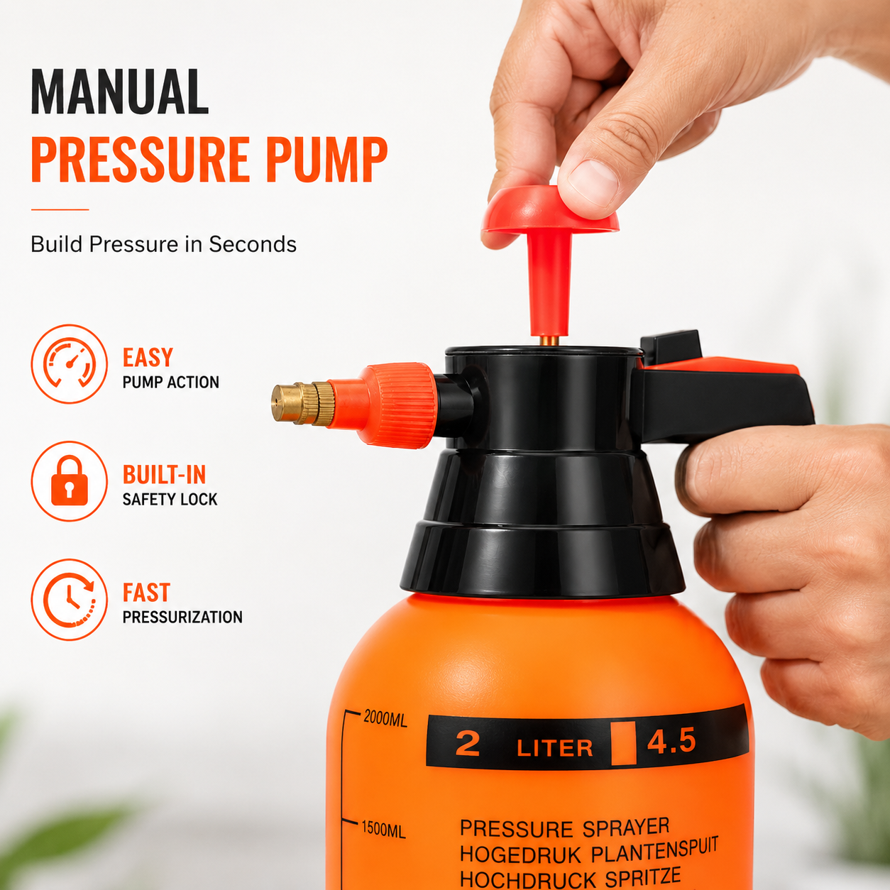 Multi-Use 2L Hand Pump Sprayer with manual pressure pump system, safety lock, and adjustable spray nozzle for gardening and plant care.